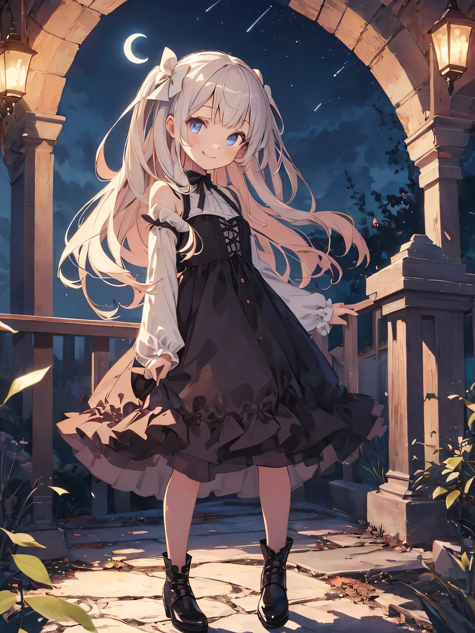 masterpiece, highest quality, figure, 1 girl, gothic dress, cute face, , smile, middle teody, Night sky with stars and moon, long hair