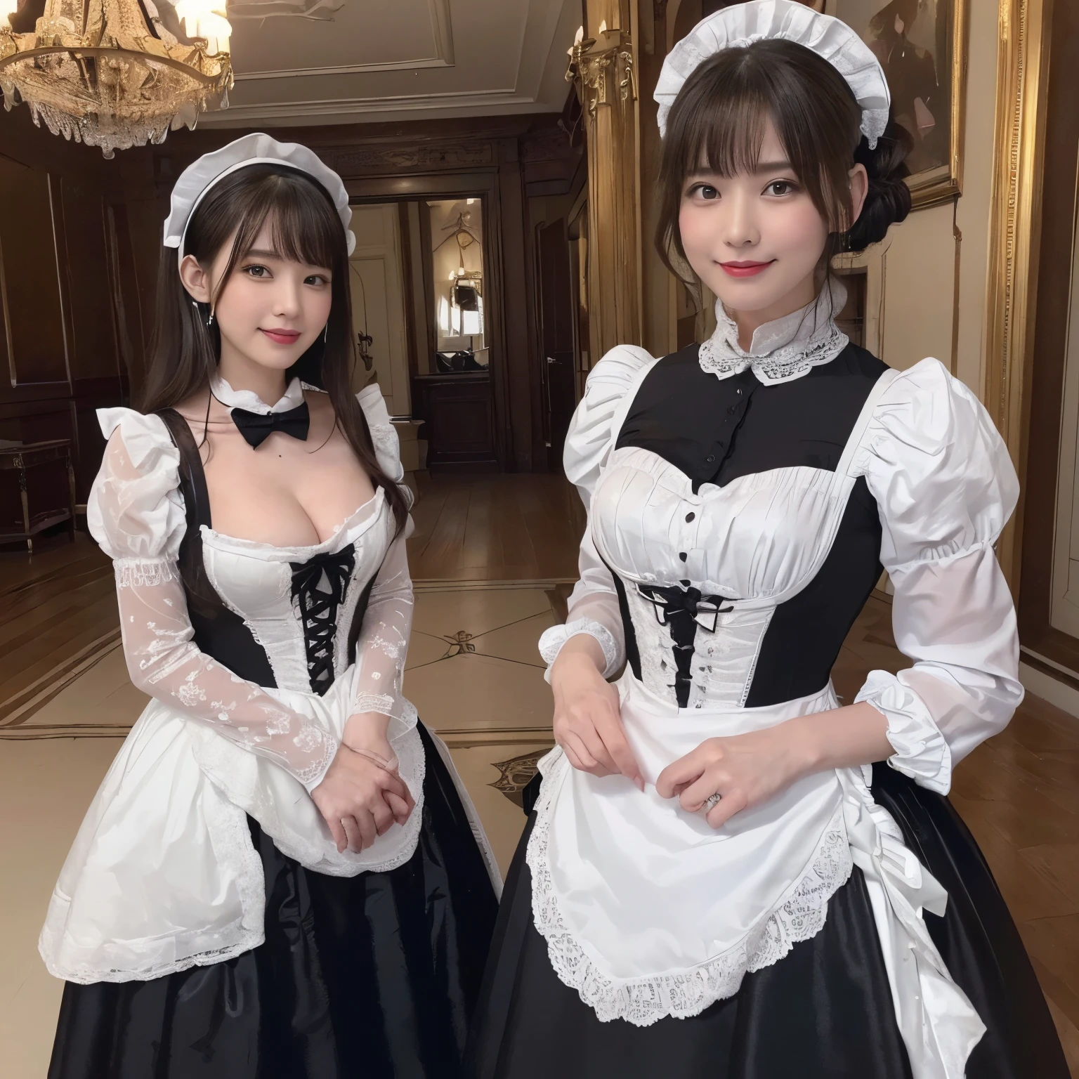 (((highest quality, debris flies, ultra high resolution、the most complex and detailed depiction、Awards, 8K、明るくBrilliantな)))、(1 Beautiful and finest royal court prostitute maid princess)、(accurate anatomy:1.3)、(A very brightly lit prostitute maid princess:1.2)、(Most gorgeous victorian maid dress rack and luxurious long skirt white maid outfit、Finest giant black and white maid princess costume、Dress rack and white maid Dress rack and white maid Dress lil apron and black and white maid outfit)、((The background the most luxurious Victorian prostitute room、The finest rooms of the royal brothel、The royal palace's finest brothel、Brilliant、very moody lighting、so gorgeous、Luxury beyond imagination、prostitute'Bedroom decorated with many ornaments,、Very complex and detailed background、highly complex and detailed textures))、(look at me and smile、the happiest smile、emphasize body line、big and full breasts)