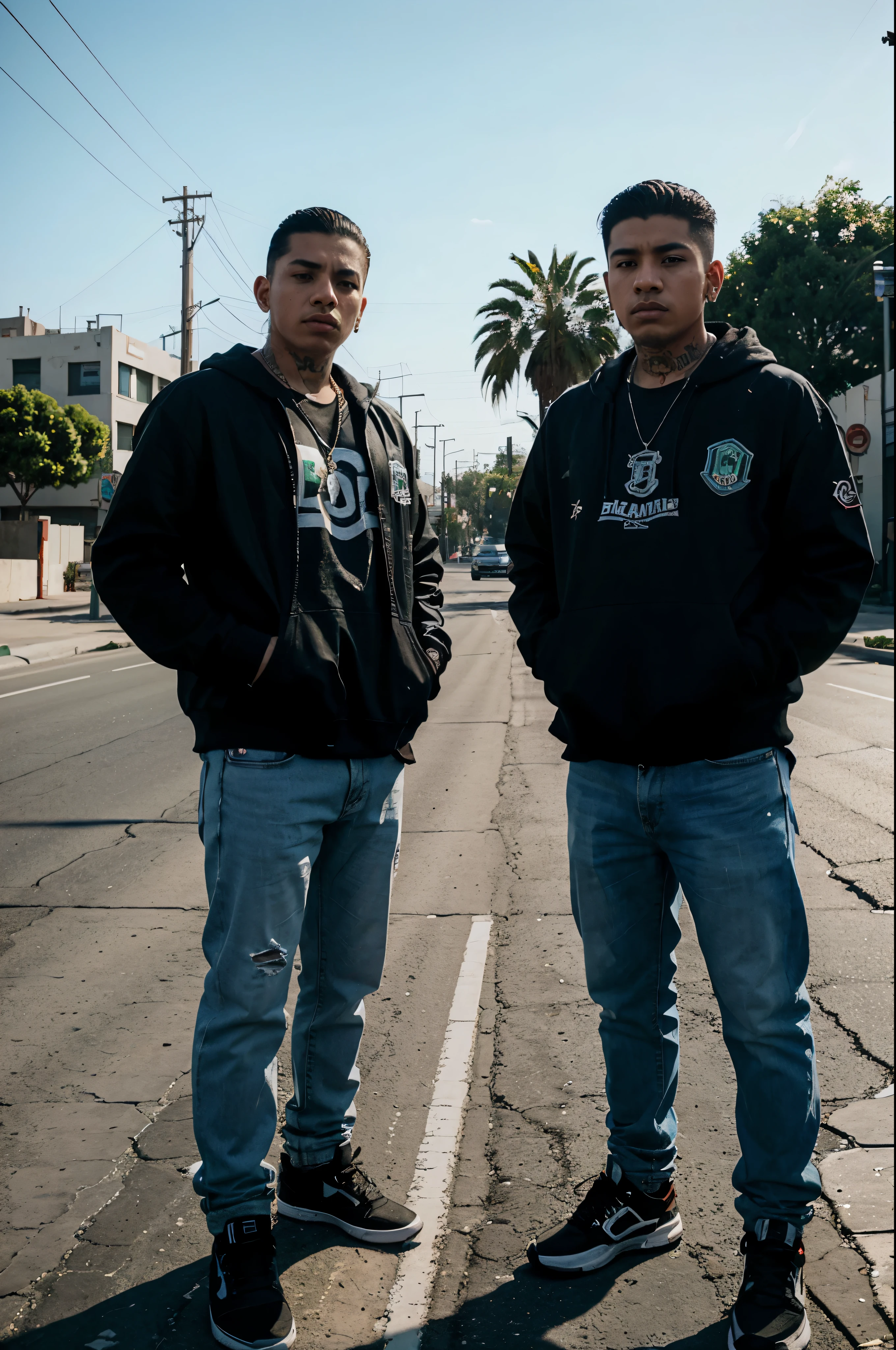 young Mexican rap gangsters stand on the side of the road in Los Angeles, Cinematic, photorealistic, HD, wide angle shot, GTA style