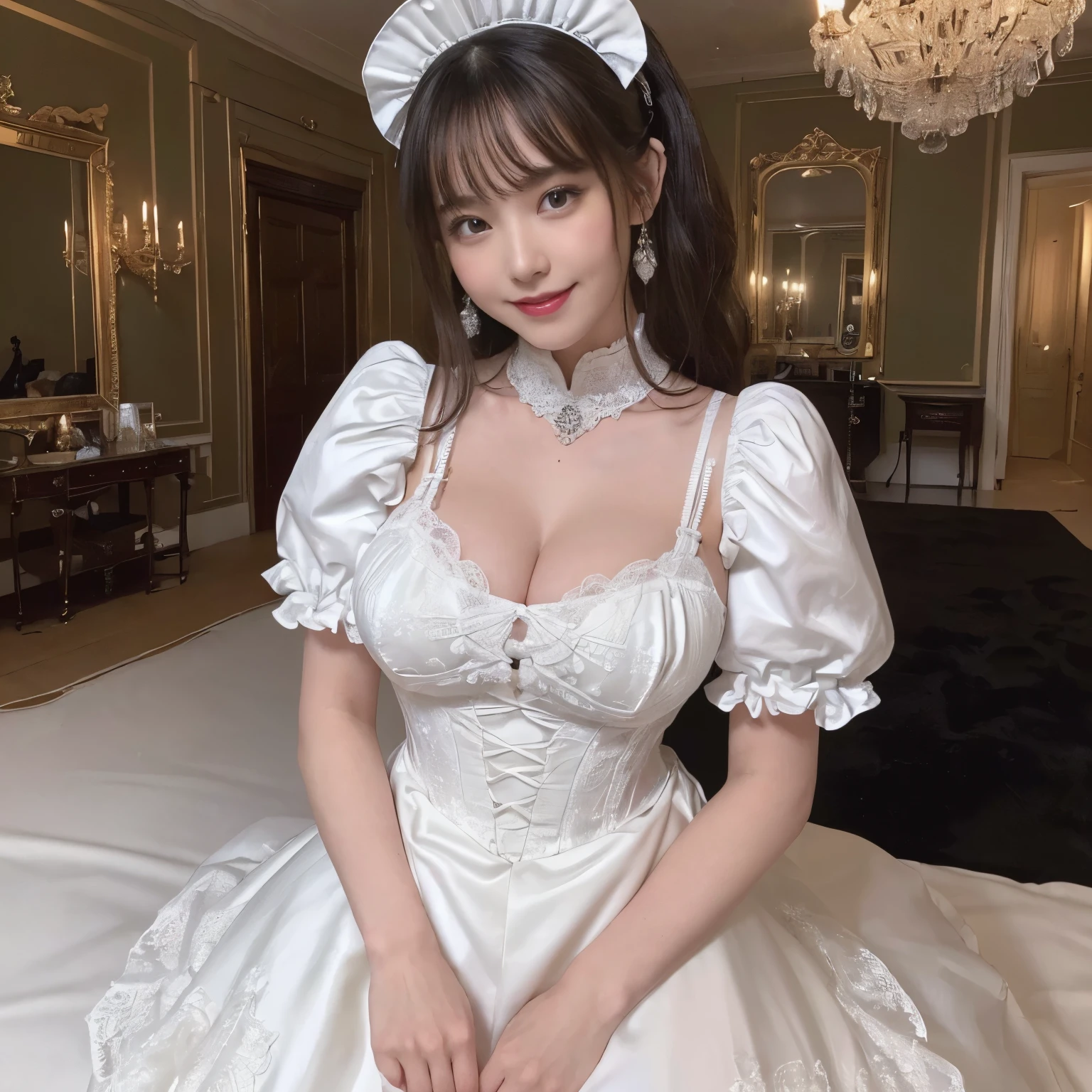 (((highest quality, debris flies, ultra high resolution、the most complex and detailed depiction、Awards, 8K、明るくBrilliantな)))、(1 Beautiful and finest royal court prostitute maid princess)、(accurate anatomy:1.3)、(A very brightly lit prostitute maid princess:1.2)、(Most gorgeous victorian maid dress rack and luxurious long skirt white maid outfit、Finest giant black and white maid princess costume、Dress rack and white maid Dress rack and white maid Dress lil apron and black and white maid outfit)、((The background the most luxurious Victorian prostitute room、The finest rooms of the royal brothel、The royal palace&#39;s finest brothel、Brilliant、very moody lighting、so gorgeous、Luxury beyond imagination、prostitute&#39;Bedroom decorated with many ornaments,、Very complex and detailed background、highly complex and detailed textures))、(look at me and smile、the happiest smile、emphasize body line、big and full breasts)