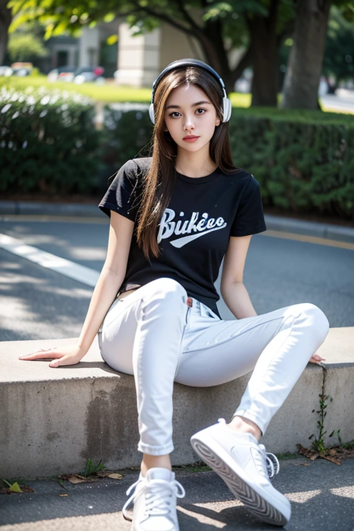 1girl, background, 16 years old, thin, Brown hair, blue eyes, black top, regular jeans, black headphones, white sneakers, outdoors. 
