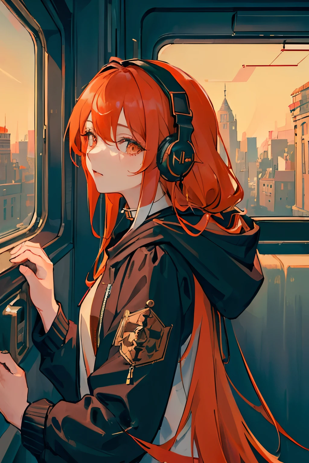 (masterpiece, sidelighting, ultra-detailed, finely detailed beautiful eyes: 1.2), 1girl, bag, building, from side, headphones, hood, hood down, hooded jacket, hoodie, jacket, long hair, orange hair, profile, red hair, solo, train, train interior, upper body, Masterpiece, best quality