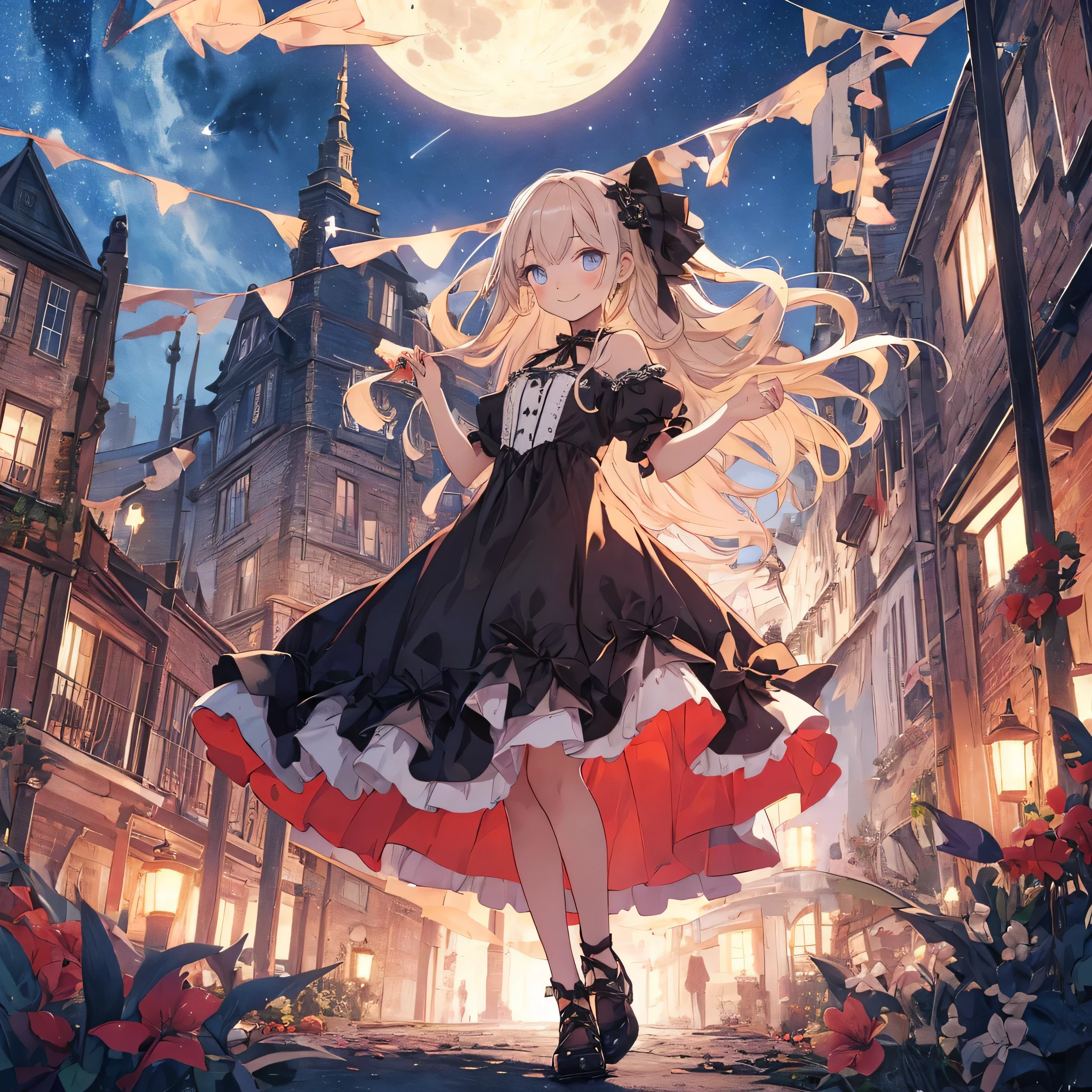 masterpiece, highest quality, figure, 1 girl, gothic dress, cute face, baby face, smile, middle teen, whole body, Night sky with stars and moon, long hair