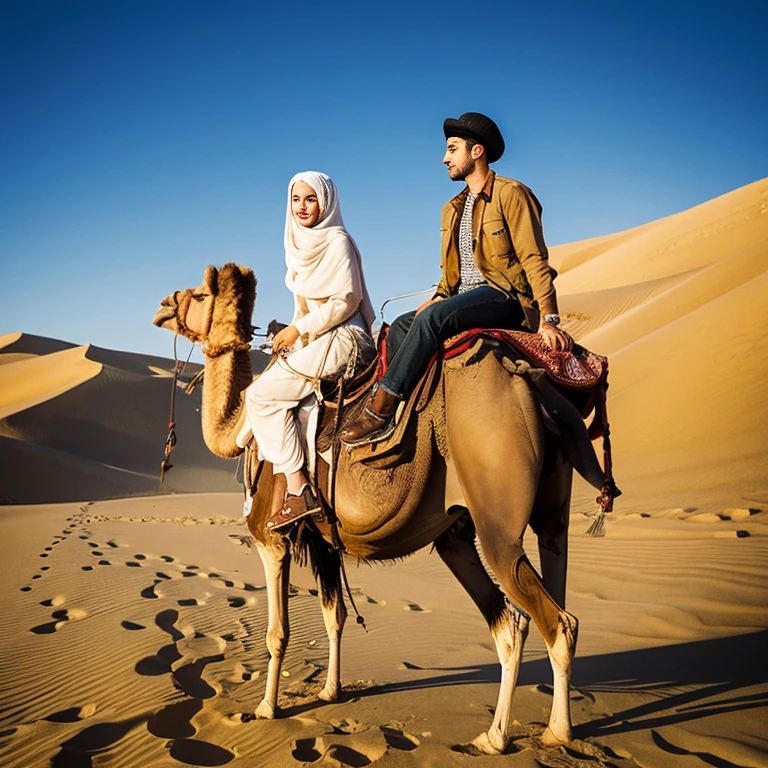 A beautiful white woman traveling through the desert on a camel、full body portrait