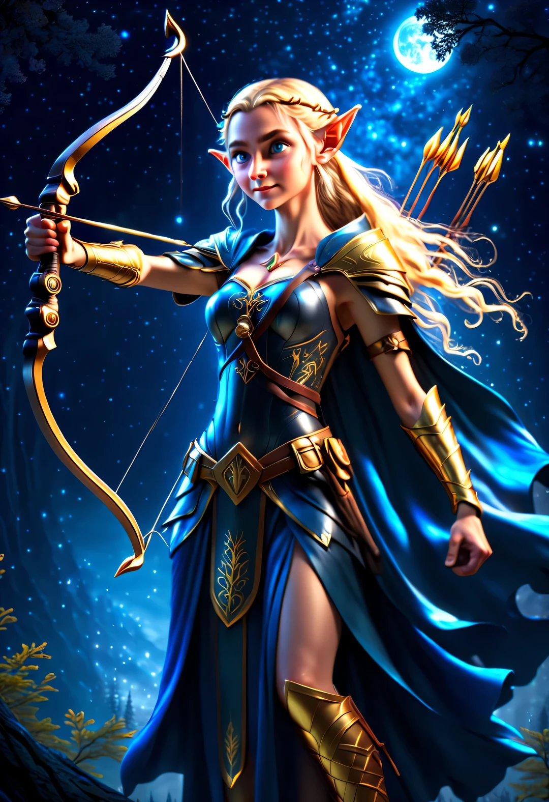 Hopeful Germanic myth depicts a blonde elf princess standing on a starry night, Has slightly longer pointed ears, With a bow and arrows, blonde hair and blue eyes, and tall humanoid figures of the Germanic people.. The Germanic elf with golden hair and blue eyes very beautiful,Living in the deepest part of the forest,драматичный,surreal,primitive,concept art,The art of math,Water sprites in the style of Peter More and Basinski,Leonid Afremov