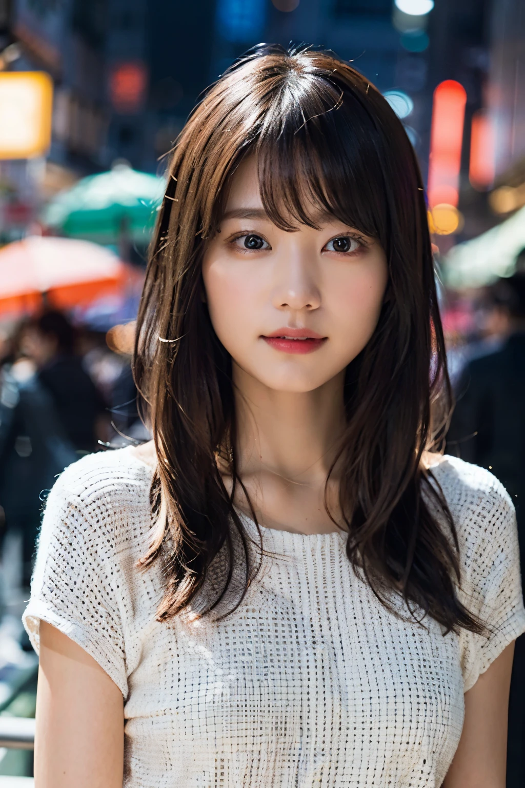 (8K、Raw photography、top-quality、​masterpiece:1.2)、(realisitic、Photorealsitic:1.37)、ultra-detailliert、超A high resolution、女の子1人、see the beholder、beautifull detailed face、A smile、Constriction、(Slim waist) :1.3)、summer clothing、Beautiful detailed skin、Skin Texture、Floating hair、Professional Lighting、In the rainy city、Hair, clothes or skin are slightly wet、、Whole human body、Brown hair