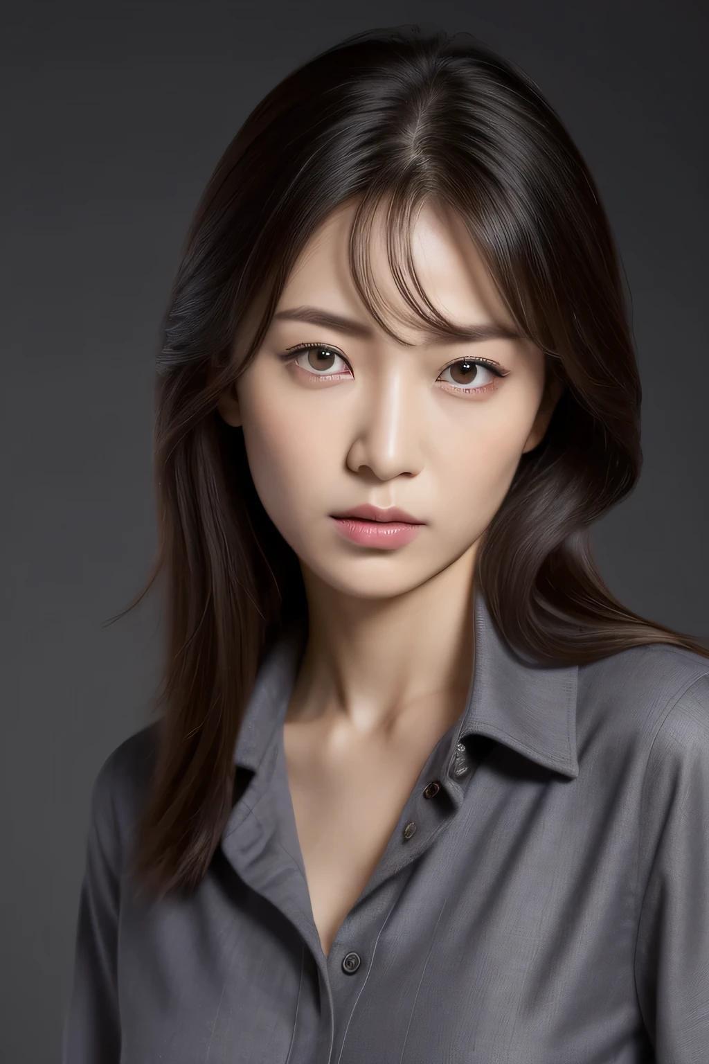 ultra high resolution, masterpiece, rough skin, very detailed, Photoreal, professional lighting, written boundary depth, sharp,
gray background, (japanese mature, 18-year-old), women sexy, detailed face, beautiful eyes, bangs, well-shaped small breasts, light brown long straight hair, faint lips, ((stand in front、look at the audience, serious face eyes.)), buttoned shirt, skirt, full body photo, cowboy shot