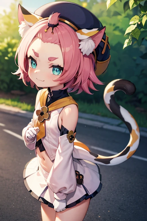 catgirl, bottomless, 10 years old, furrowed eyebrows, smirk, loli, outside, tail, detached sleeves, hat,