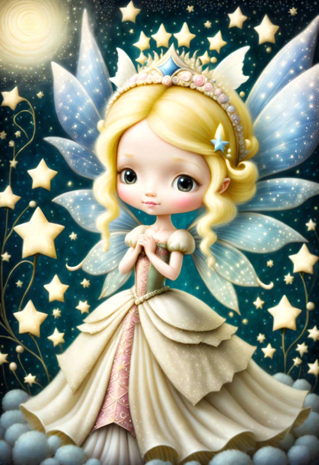 author：Nicoletta Seccoli，A hopeful blonde fairy princess stands on a starry nighf portrait，blue，Purple，