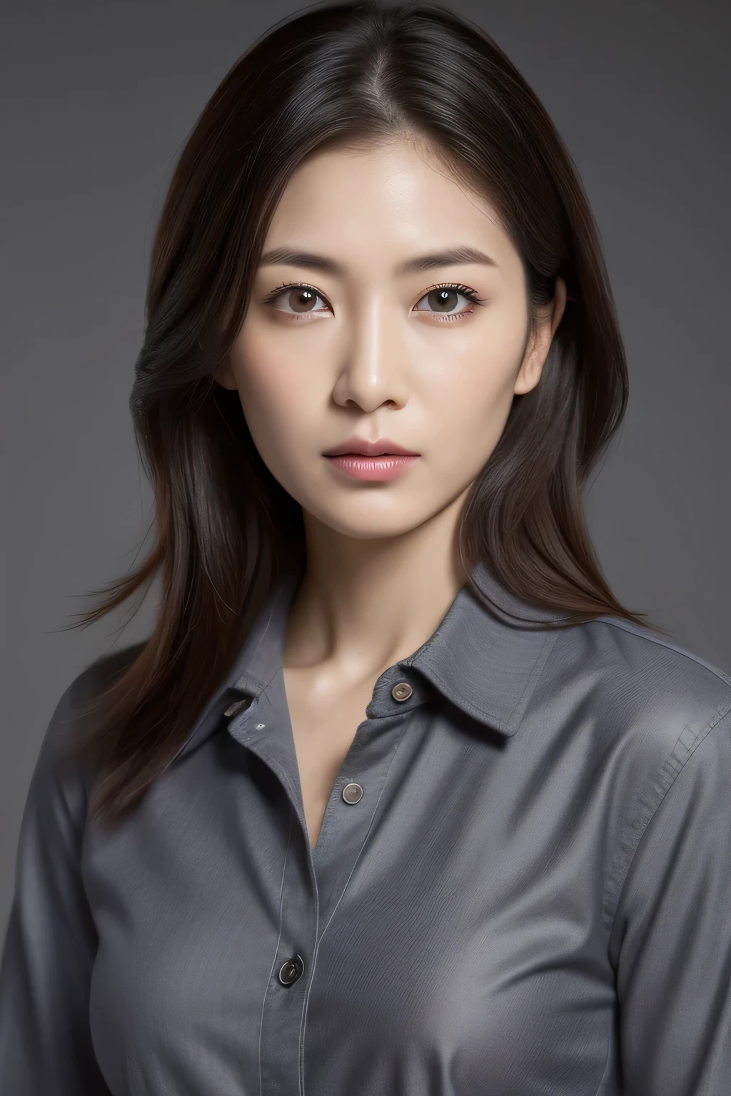 ultra high resolution, masterpiece, rough skin, very detailed, Photoreal, professional lighting, written boundary depth, sharp,
gray background, (japanese mature, 18-year-old), women sexy, detailed face, beautiful eyes, bangs, well-shaped small breasts, light brown long straight hair, faint lips, ((stand in front、look at the audience, serious face eyes.)), buttoned shirt, skirt, full body photo, cowboy shot