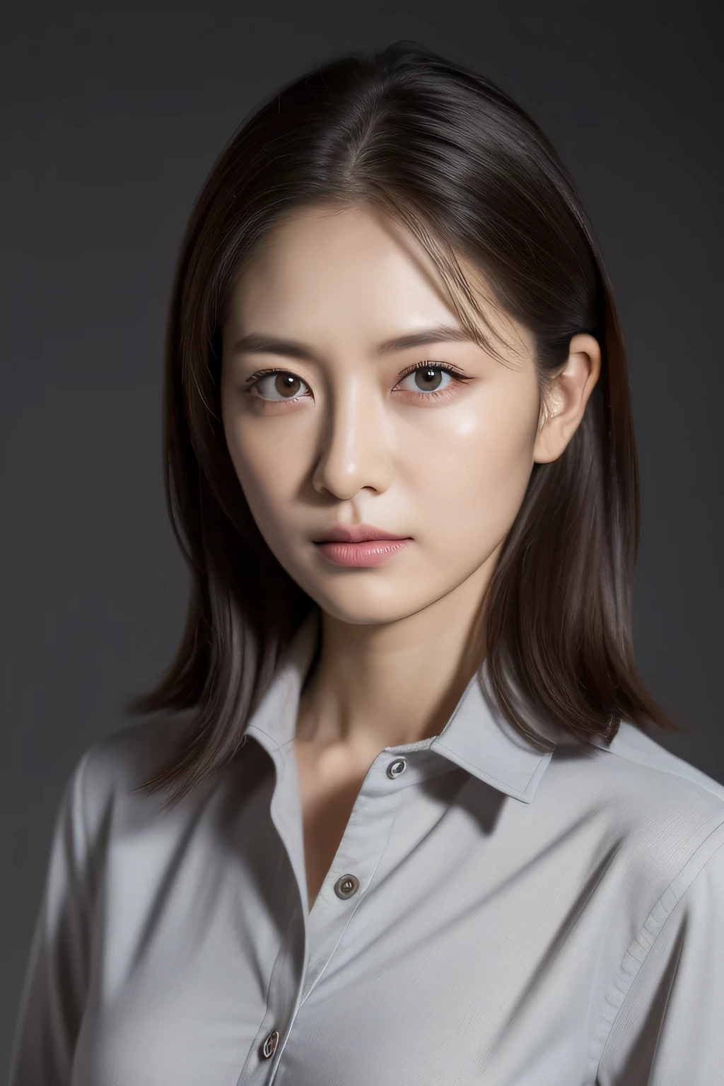 ultra high resolution, masterpiece, rough skin, very detailed, Photoreal, professional lighting, written boundary depth, sharp,
gray background, (japanese mature, 18-year-old), women sexy, detailed face, beautiful eyes, bangs, well-shaped small breasts, light brown long straight hair, faint lips, ((stand in front、look at the audience, serious face eyes.)), buttoned shirt, skirt, full body photo, cowboy shot