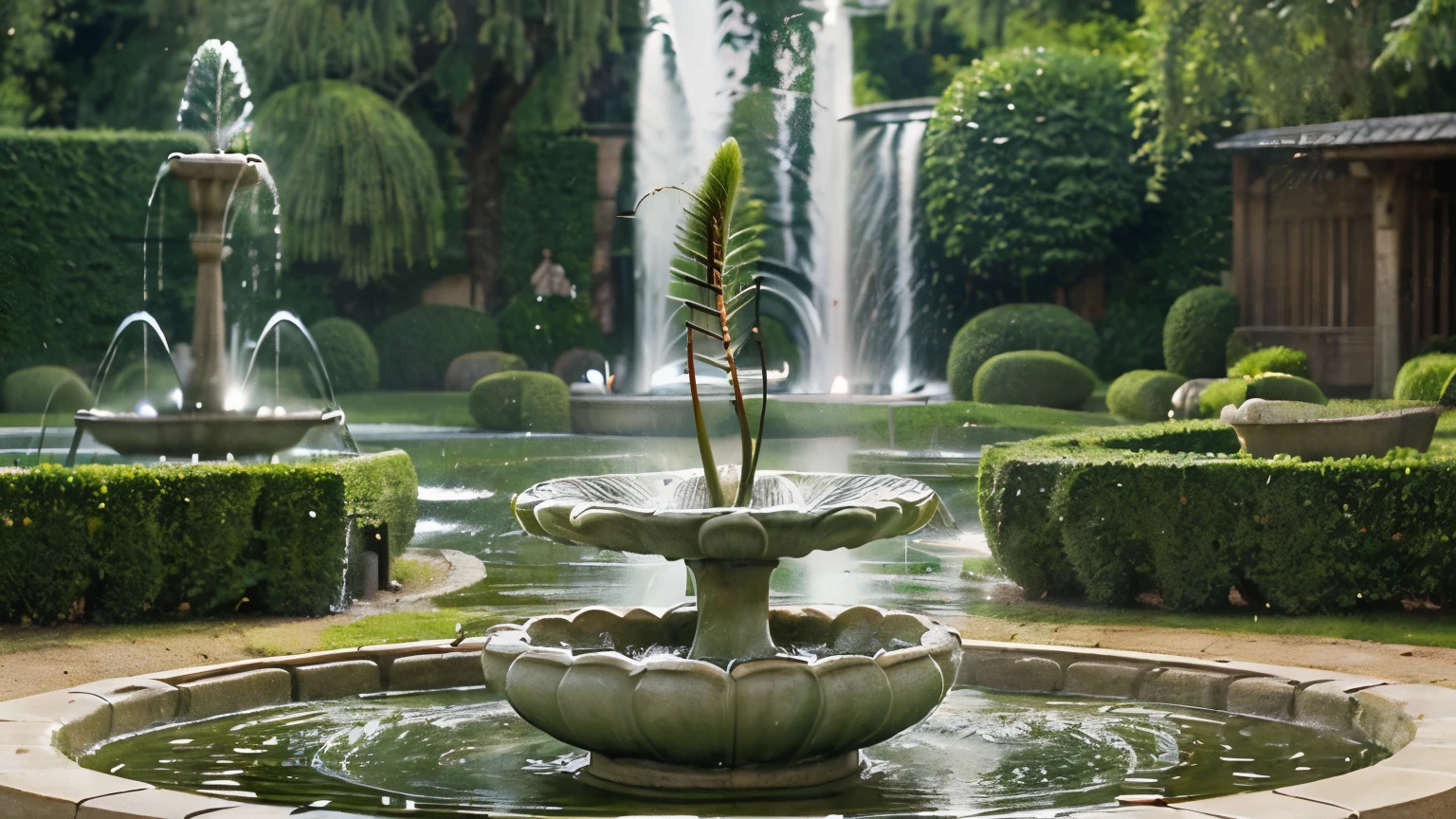 Illustrate the (((horsetail plant as a fountain gushing vitality))) to the heart. Draw a {stylized fountain in the shape of a horsetail plant}, with its stems and [leaves forming the water jets]. Around the fountain, draw small particles of cholesterol being purified and transformed into healthy elements by the horsetail water, such as healthy hearts or symbols of health.