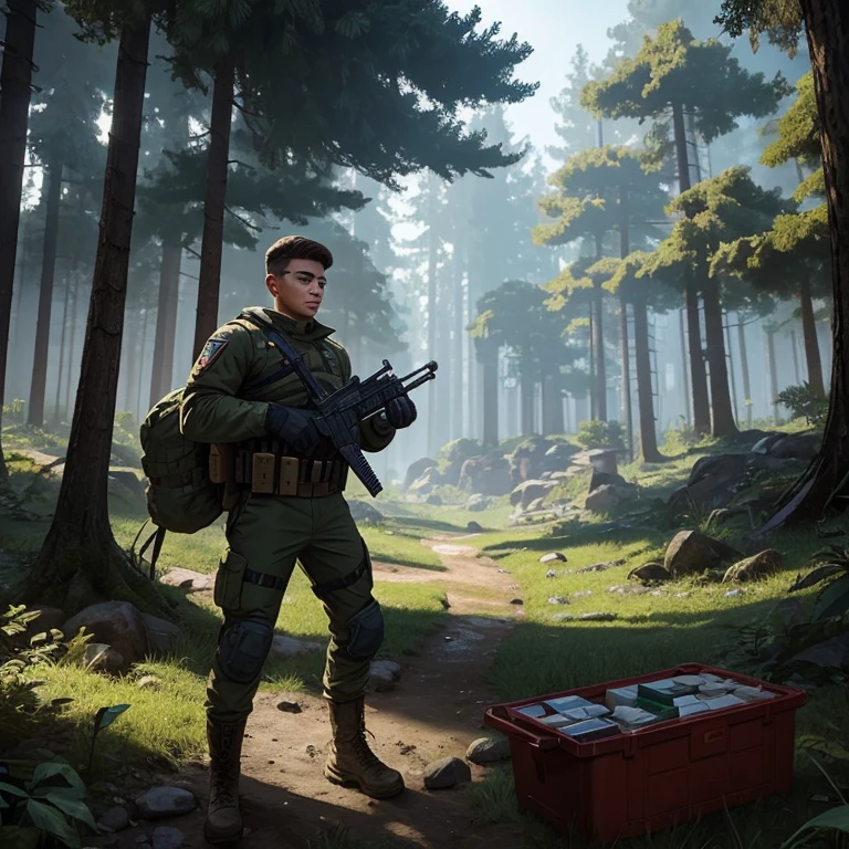Make an arena breakout soldier inspecting his supplies in a forest in pixel art