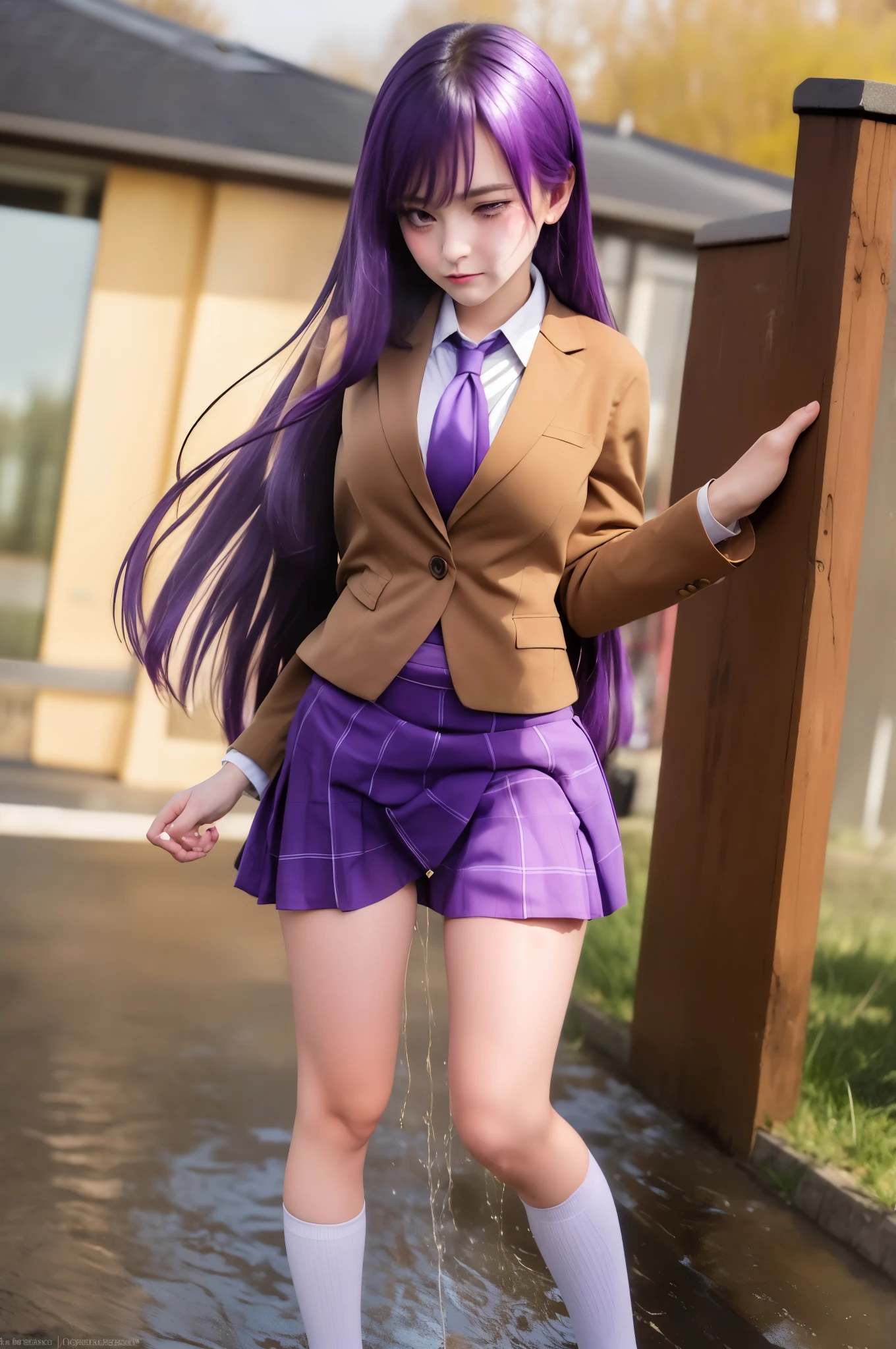 masterpiece, best quality, highly detailed, cowboy shot, 1girl, solo, yuri, purple eyes, purple hair, long hair, hairclip, [[large breasts]], school uniform, blazer, brown sweater, collared shirt, neck ribbon, blue skirt, standing, fullbody, expressionless, sad, crying, tear, blush, outdoor, peeing self, peeing girl, pee stain, pee stream, dirty skirt, wetting, puddle of pee