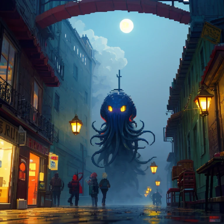 ((Pixel art style)), Pix, 4-bit pixel art,ultra , fachada del hotel, cthulhu inspirado, Noche brumosa, Ambiente de terror, oscuro, misterioso, Creepy lighting, sombras inquietantes, Arquitectura retorcida, Gothic elements, Estatuas antiguas, Criaturas al acecho, tentacles emerging from the fog, Surreal atmosphere, gloomy mood, dimly lit calle lamps, Wet cobblestone, edificios en ruinas, Pintura desgastada, flashing neon signs, silencio inquietante, Coches abandonados y escombros., Aire brumoso, contornos borrosos, luna cubierta de nubes, paleta de colores morado oscuro y verde, Presencia premonitoria, sonidos ominosos, Susurros inquietantes.