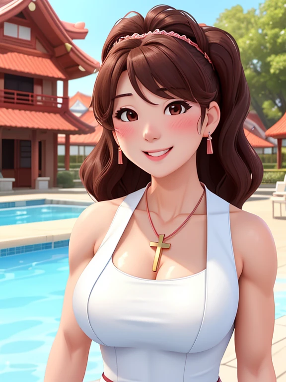 attractive korean woman, ripped muscle, muscular body, small breast, pale skin, smile(blush), nude, cross necklace, sixpack abs, [ultra detailed skin:1.2], brown hair, wavy hair, 8k uhd, pussy, full body, crowd, public, temple, standing,