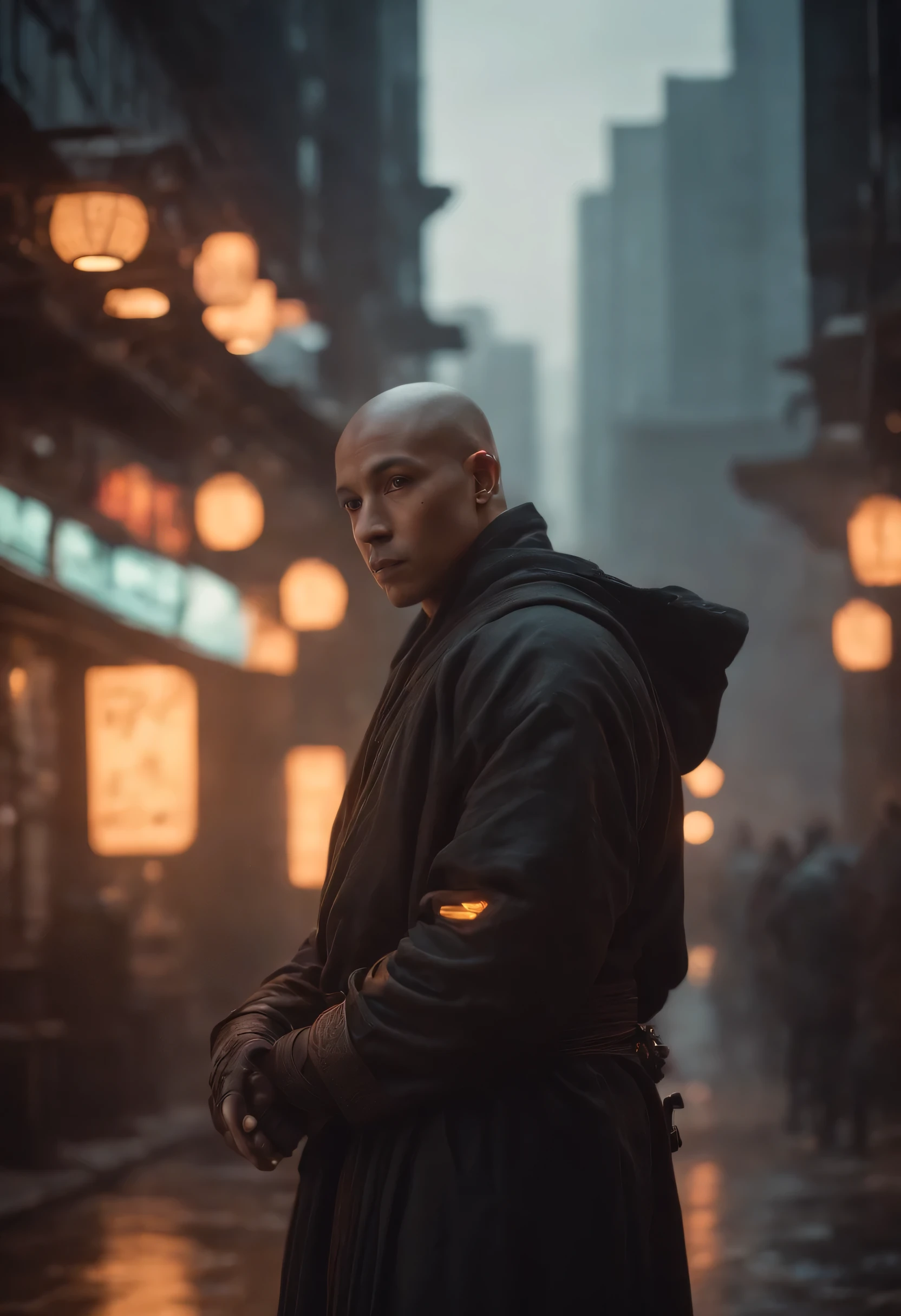 cyberpunk, monk, chillin in the city, preying with mala, UHD wallpaper, glowing light eyes, Biomechanical,
