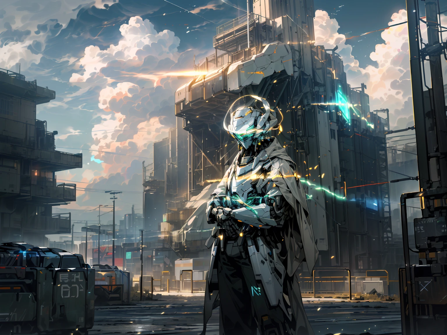 (((Science fiction city)), ((Robot stationing)), ((no_humans)), ((Sky)) and ((Cloud)) intertwined, ((Glow)) radiant, ambitiouecha)) holding ((holding_weapon)) to ((Unknown Building)), ((glowing_eyes)) radiating light, as if he were the god of ((City)) full of ((Reality)) and ((Science Fiction)) atmosphere.