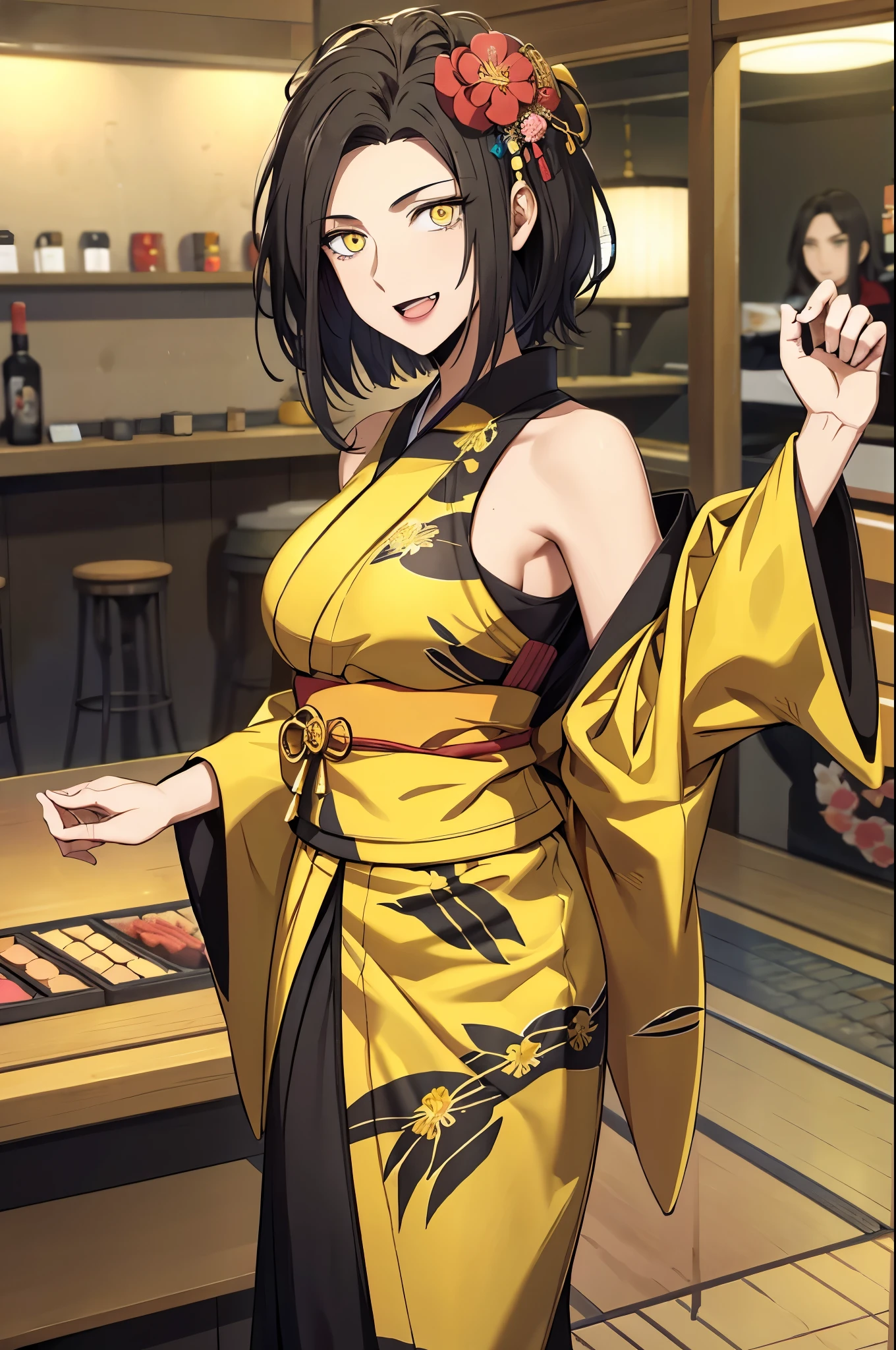 black hair,yellow eyes,(high quality eyes),(masterpiece, best quality, detailed), 1girl, solo, looking at viewer, aamahiru, short hair, hair ornament, yukata, kimono, obi, print kimono, japanese clothes, short kimono, hair flower, indoors, convenience store, shop, (breasts squeezed together, v arms), smile, open mouth