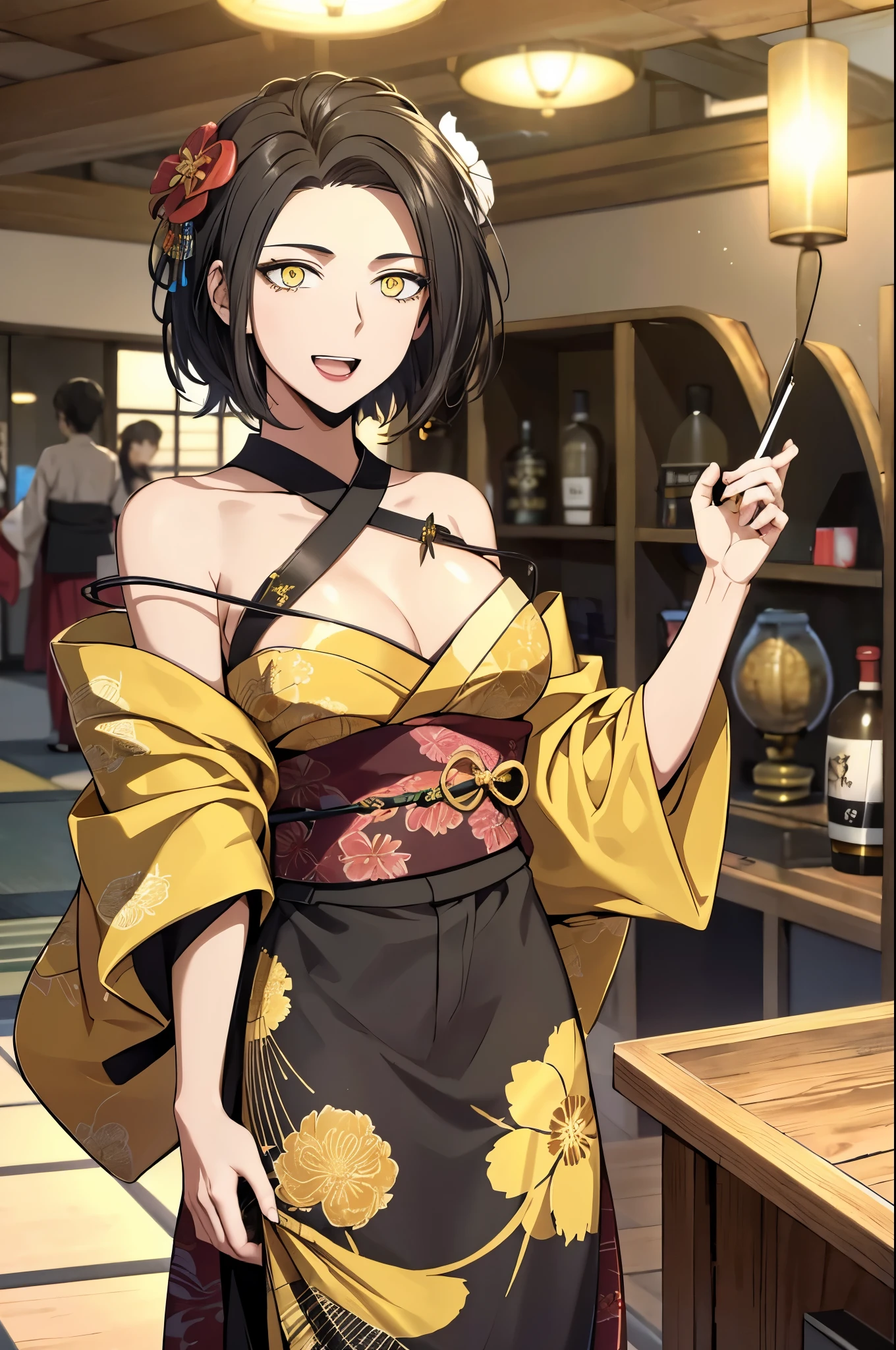 black hair,yellow eyes,(high quality eyes),(masterpiece, best quality, detailed), 1girl, solo, looking at viewer, aamahiru, short hair, hair ornament, yukata, kimono, obi, print kimono, japanese clothes, short kimono, hair flower, indoors, convenience store, shop, (breasts squeezed together, v arms), smile, open mouth