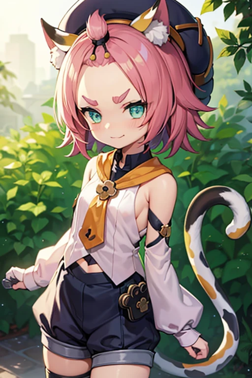 catgirl, bottomless, , furrowed eyebrows, smirk, loli, outsidail, detached sleeves, hat,