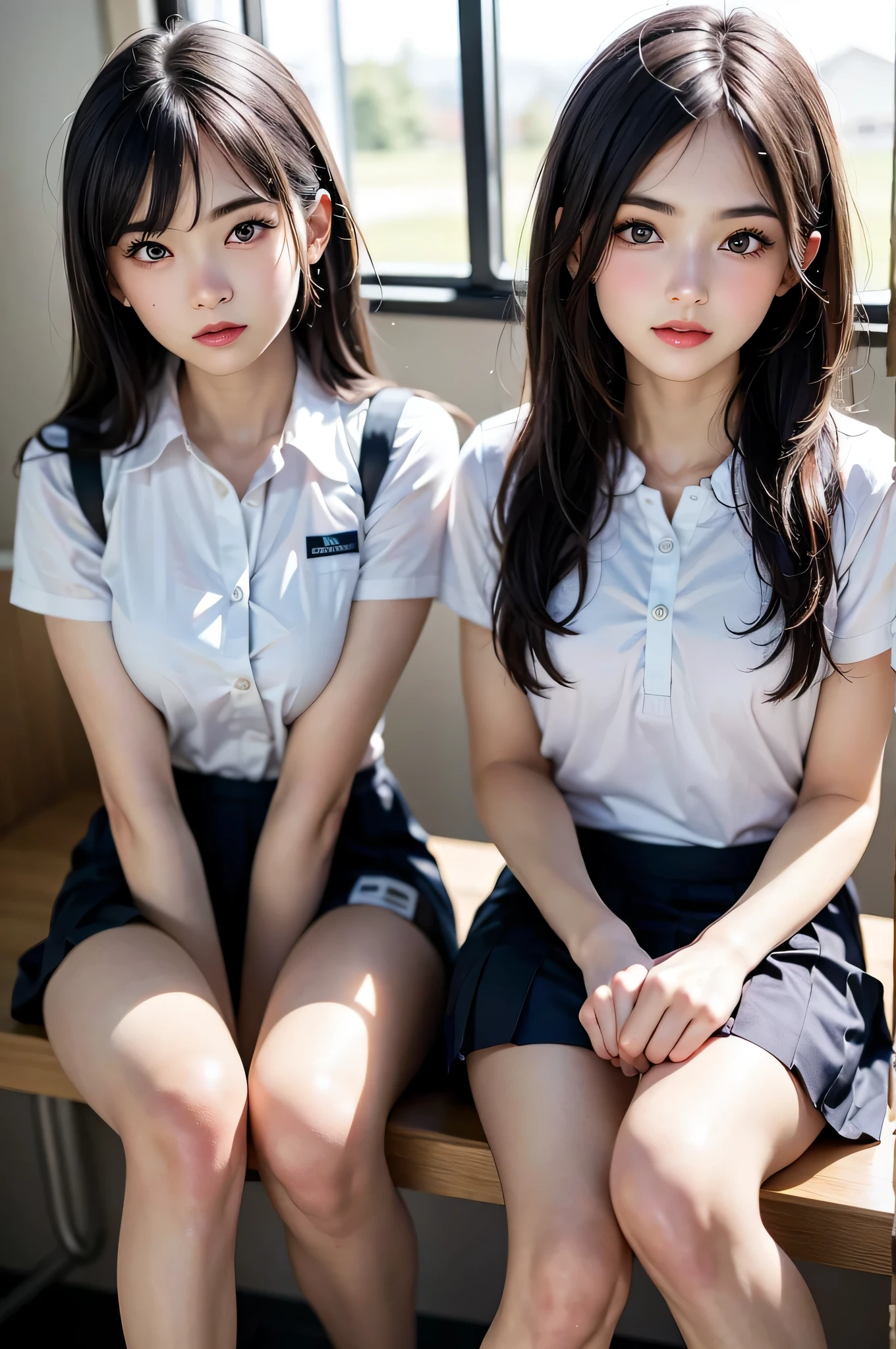 (masutepiece, Best Quality:1.2), 8K, student, 85 mm, Official art, Raw photo, absurderes, White dress shirts, Pretty Face, close up, Upper body, violaceaess, gardeniass, Beautiful Girl, School uniform, (Navy pleated skirt:1.1), Cinch West, thighs thighs thighs thighs, Short sleeve, on train, Sit on a bench seat, Looking at Viewer, No makeup, (Smile:0.4), Film grain, chromatic abberation, Sharp Focus, face lights, clear lighting, Teentailed face, Bokeh background, (dark red necktie:1.1)