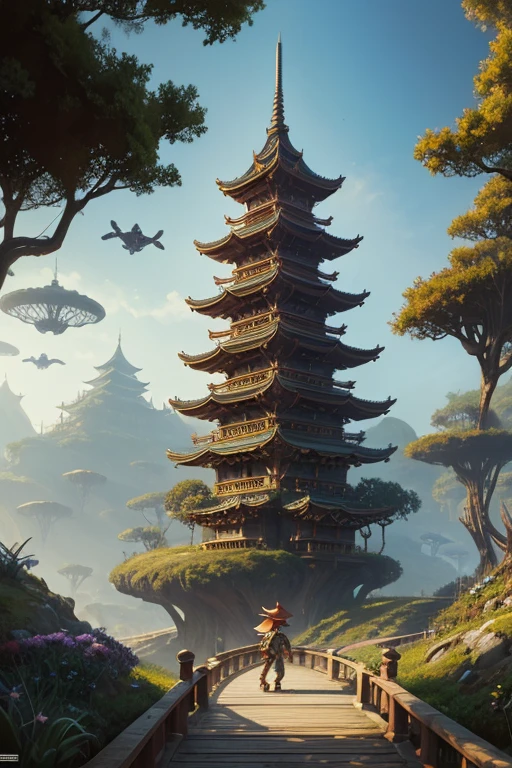 a painting of a man standing on top of a bridge, concept art, inspired by Rodney Matthews, cg society contest winner, digital painting of a pagoda, rayman, in a park on a alien planet, american mcgee's alice