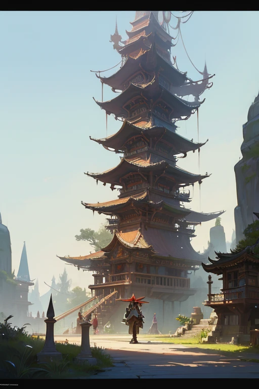 a painting of a man standing on top of a bridge, concept art, inspired by Rodney Matthews, cg society contest winner, digital painting of a pagoda, rayman, in a park on a alien planet, american mcgee's alice