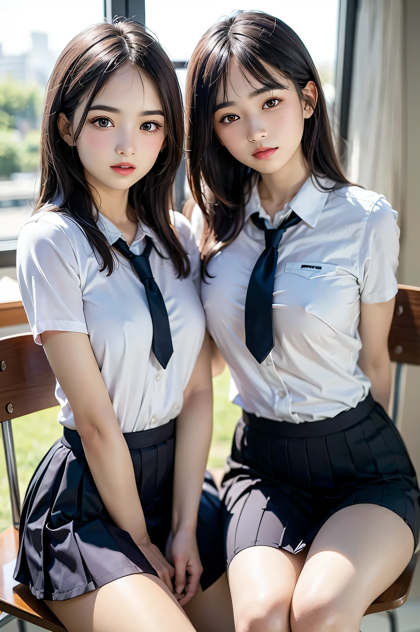 (2ung girls), beautiful girl with beautiful details, Raw photo, (Best Quality:1.2), 8K, high details, hight resolution, With the highest quality, High-definition raw color photos, professional photograpy, (Fine face:1.2), (hi-school uniform with open chest:1.5), pleated skirt, indoors, classroom, desk, chair, sitting, (Open mouth), ((legs spread)), (panties:1.3), depth of fields,