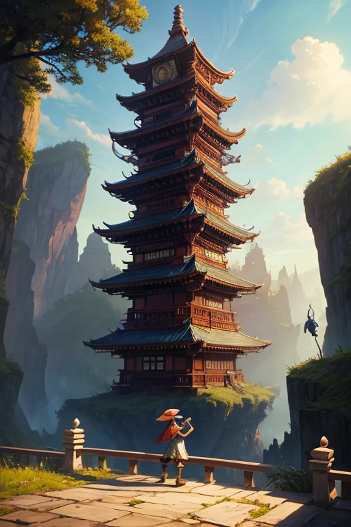 a painting of a man standing on top of a bridge, concept art, inspired by Rodney Matthews, cg society contest winner, digital painting of a pagoda, rayman, in a park on a alien planet, american mcgee's alice