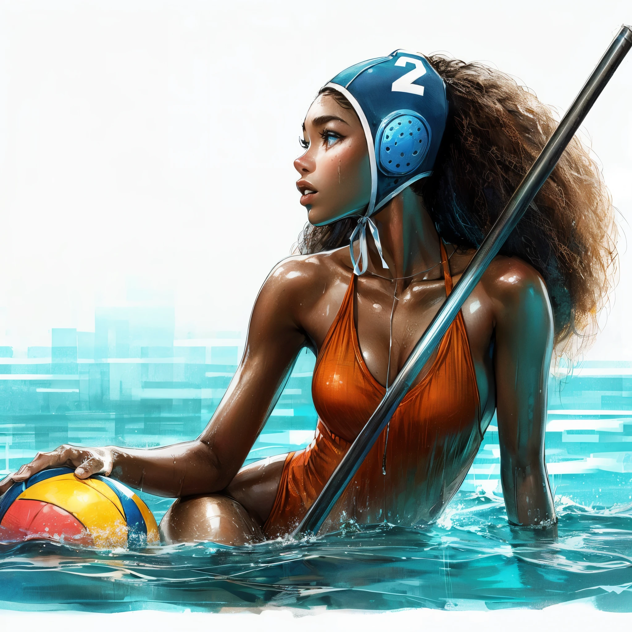 high quality,hd,16k,1girl,female water polo player ,cute face, large breasts, slender body, delicate body,nice legs, sweat,li, in water polo venue,focus girl,detailed beautiful face,detailed clothes,beautiful eyes,cool,dynamic angle
