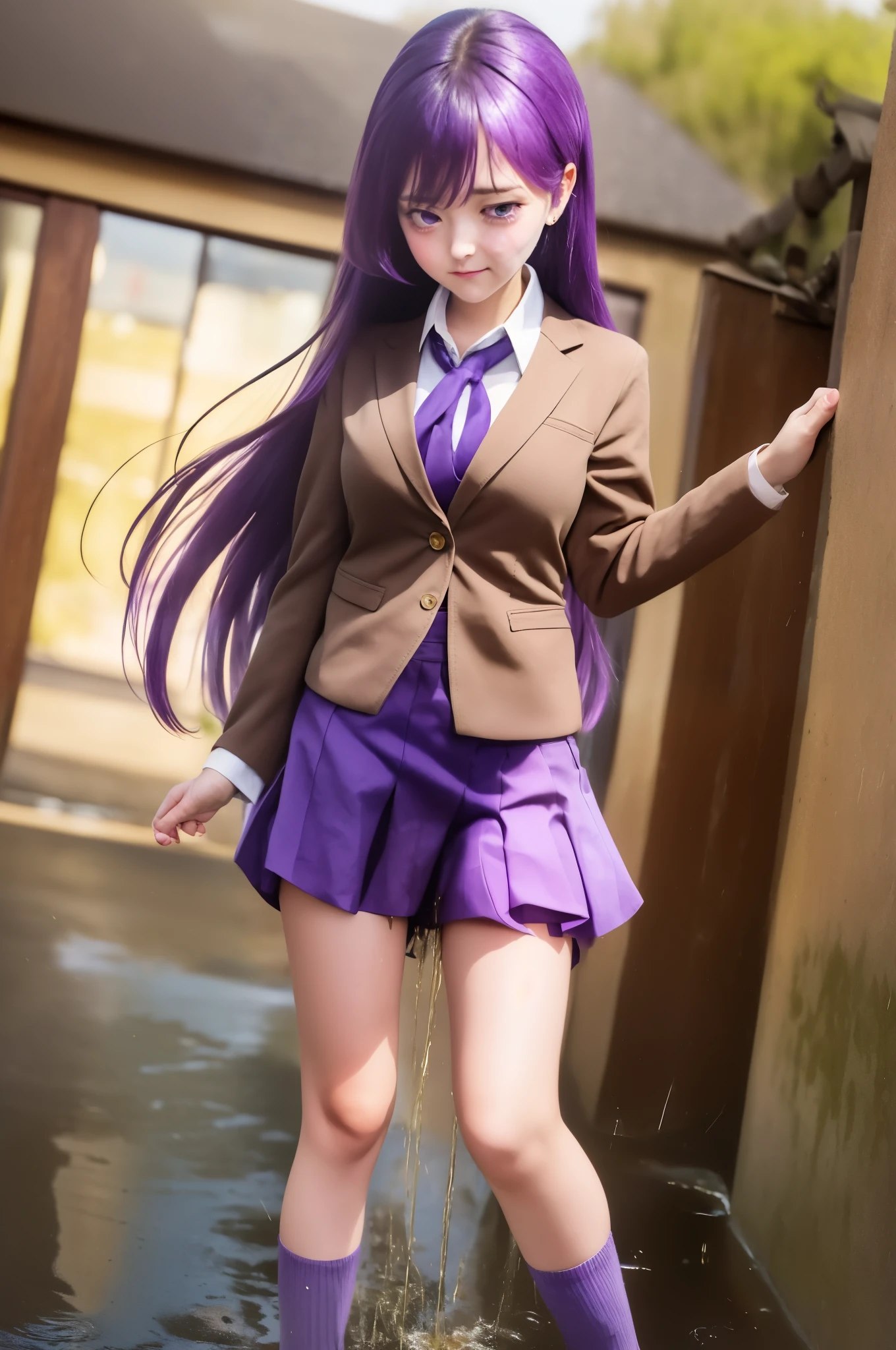 masterpiece, best quality, highly detailed, cowboy shot, 1girl, solo, yuri, purple eyes, purple hair, long hair, hairclip, [[large breasts]], school uniform, blazer, brown sweater, collared shirt, neck ribbon, blue skirt, standing, fullbody, expressionless, sad, crying, tear, blush, outdoor, peeing self, peeing girl, pee stain, pee stream, dirty skirt, wetting, puddle of pee