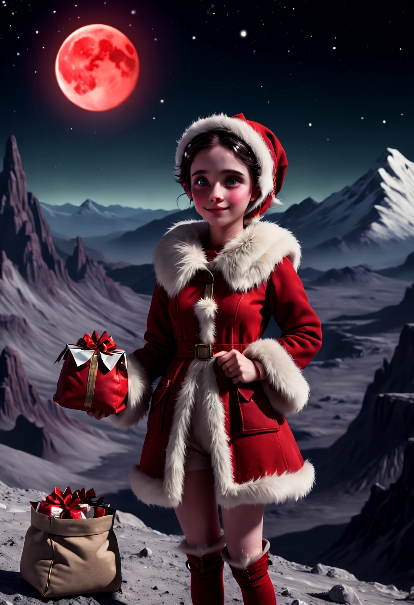 a Beautiful Elf, Pointy ears and charming eyes, on the moon, wearing a red coat with white fur trim, holding a sack of presents, surrounded by a vast lunar landscape with craters and mountains in the distance, the moonlit scene creating a peaceful and serene atmosphere, a single star shining brightly in the sky above, the whole image encapsulating a sense of solitude and wonder, film grain, RAW photo, Cinematic lighting, octane render, (best quality, masterpiece, Representative work, official art, Professional, 8k:1.3)