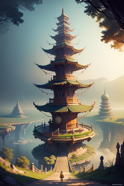 a painting of a man standing on top of a bridge, concept art, inspired by Rodney Matthews, cg society contest winner, digital painting of a pagoda, rayman, in a park on a alien planet, american mcgee's alice
