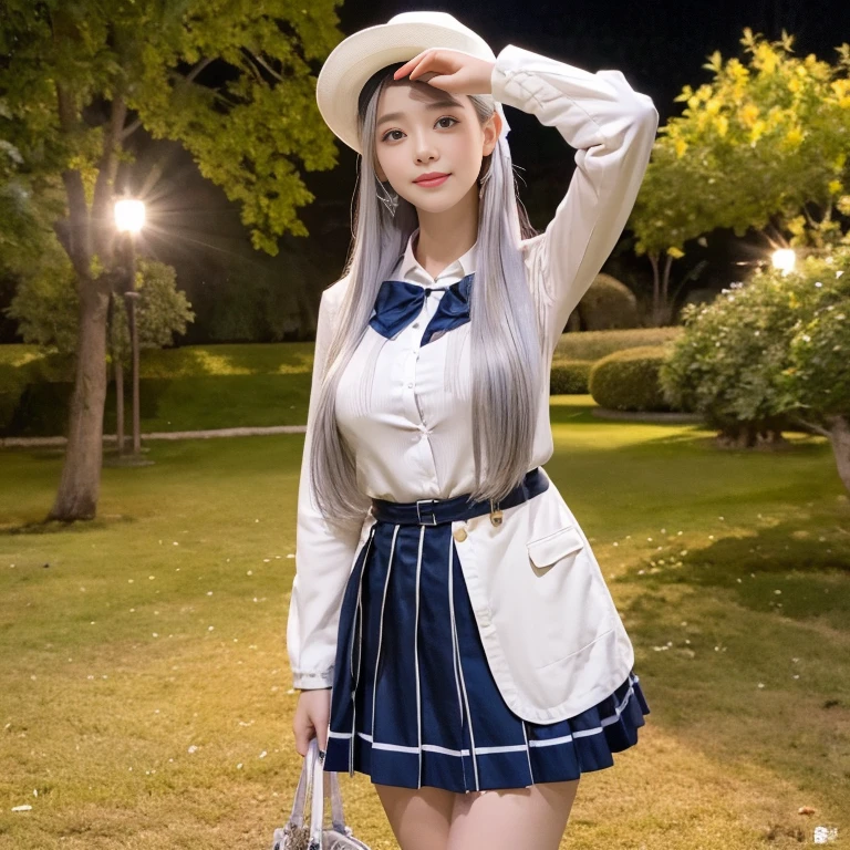 1 girl,cowboy shot,Are standing,highest quality,In 4K,8K,High resolution,pieces fly:1.2,reality,anatomically correct,Use natural light and color,ultra-realistic capture, very detailed, 人間の皮膚のHigh resolution16kクローズアップ. Skin texture must be natural, Enough detail to finely identify pores. skin needs to look healthy, fine white skin,medium 1 girl,cowboy shot,Are standing,highest quality,In 4K,8K,High resolution,pieces fly:1.2,reality,anatomically correct,Use natural light and color,ultra-realistic capture, very detailed, 人間の皮膚のHigh resolution16kクローズアップ,Skin texture must be natural, Enough detail to finely identify pores,skin needs to look healthy, fine white skin,medium breasts,sharp focus on breasts,健康的なthighsの体の,with an even tone,Super detailed,very detailed目と顔,beautiful and fine eyes,beautiful detailed lips,long eyelashes,realistic:1.37,Japanese,beautiful and magnificent composition,pieces fly,Charm,cute type,silky smooth and straight hair,Full body shot from a distance:1.4,looking at the viewer,((silver hair)), enchanting smile, Anna Miller's Uniform,Anna Miller's, mini pleated skirt:1.5,Quality of fashionable hair accessories:1.4, view from below,Night Palace, (thighs),Wearing over-the-knee socks,
