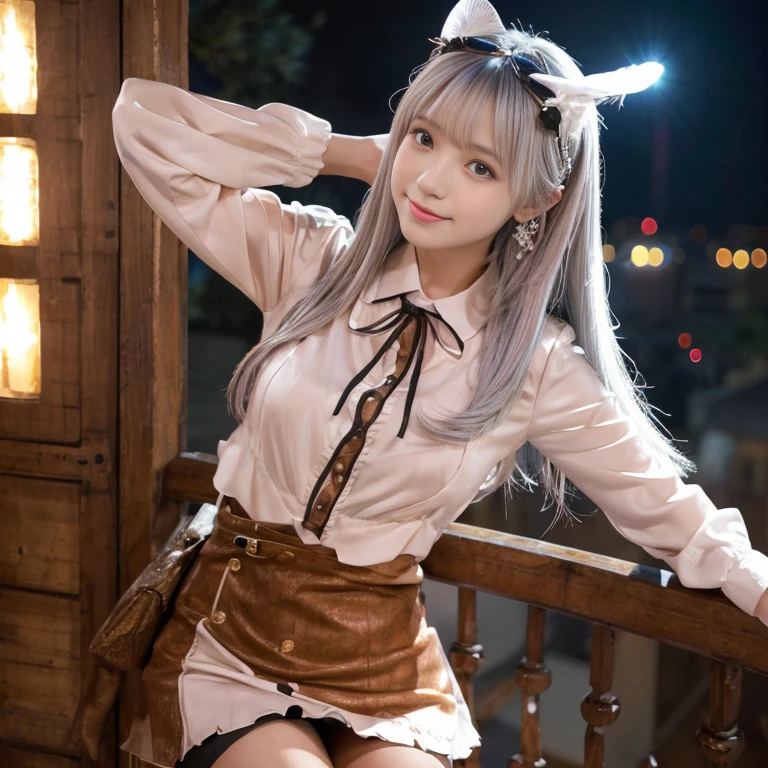 1 girl,cowboy shot,Are standing,highest quality,In 4K,8K,High resolution,pieces fly:1.2,reality,anatomically correct,Use natural light and color,ultra-realistic capture, very detailed, 人間の皮膚のHigh resolution16kクローズアップ. Skin texture must be natural, Enough detail to finely identify pores. skin needs to look healthy, fine white skin,medium 1 girl,cowboy shot,Are standing,highest quality,In 4K,8K,High resolution,pieces fly:1.2,reality,anatomically correct,Use natural light and color,ultra-realistic capture, very detailed, 人間の皮膚のHigh resolution16kクローズアップ,Skin texture must be natural, Enough detail to finely identify pores,skin needs to look healthy, fine white skin,medium breasts,sharp focus on breasts,健康的なthighsの体の,with an even tone,Super detailed,very detailed目と顔,beautiful and fine eyes,beautiful detailed lips,long eyelashes,realistic:1.37,Japanese,beautiful and magnificent composition,pieces fly,Charm,cute type,silky smooth and straight hair,Full body shot from a distance:1.4,looking at the viewer,((silver hair)), enchanting smile, Anna Miller's Uniform,Anna Miller's, mini pleated skirt:1.5,Quality of fashionable hair accessories:1.4, view from below,Night Palace, (thighs),Wearing over-the-knee socks,