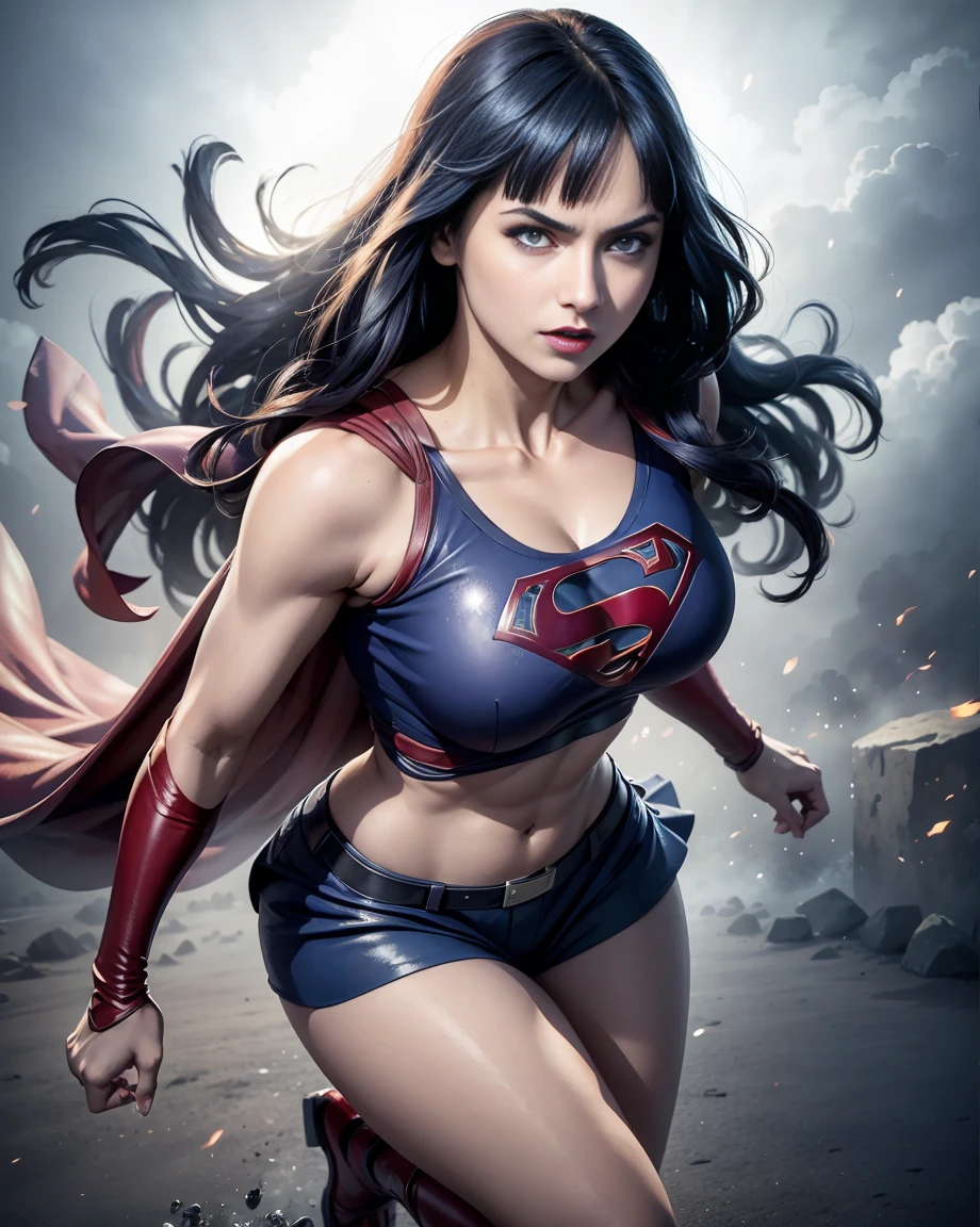 Hinata Hyuga, Extremamente Realista, extremamente sexy, muito linda, Superhero Supergirl, terno Supergirl, capa vermelha, S do super-homem no peito, blue swimsuit, Red skirt, botas vermelhas, bunda grande, pernas grossas, 8K, Extremamente linda, rosto lindo, White eyes, olhos detalhados, boca detalhado, nariz detalhado, rosto detalhado