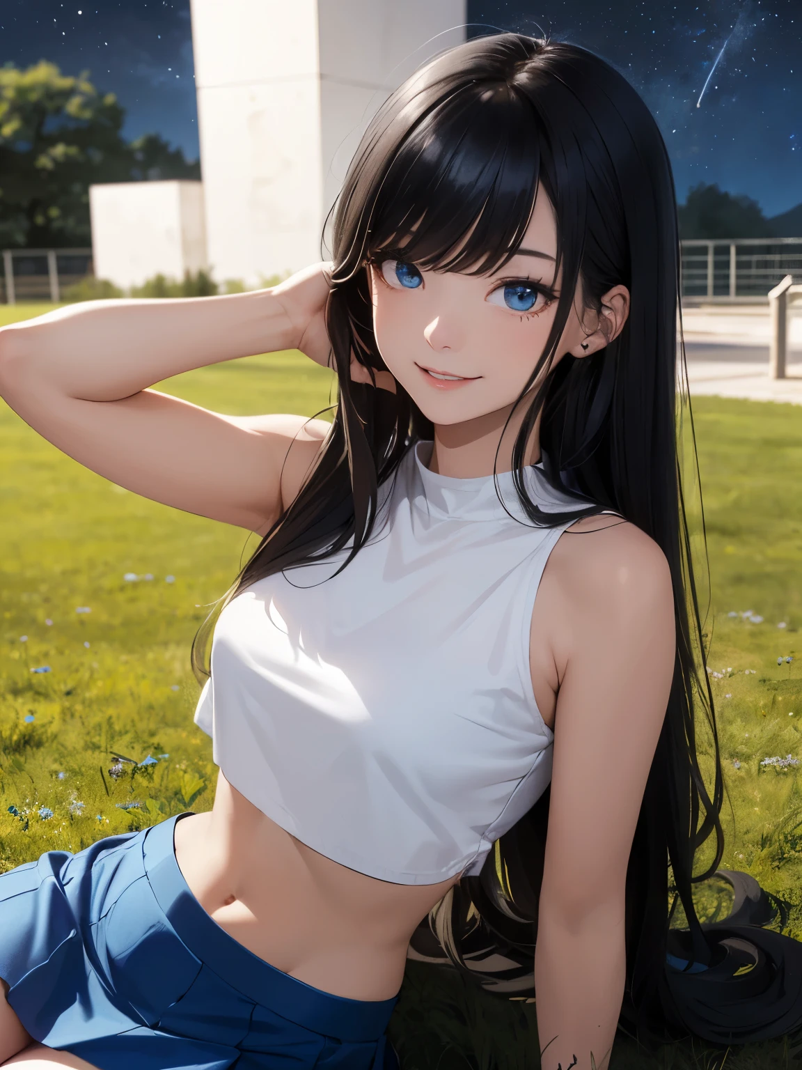 breathtaking, atmospheric perspective, diffusion, natural skin texture, DSLR, 80mm Sigma f2, depth of field, film grain, intricate natural lighting, gorgeous sexy woman, pleasure, (adult:0.7), (Aqua, Kono Suba style), blue eyes, light azure layered hair, full length photo, minuscule blue skirt hiding nothing, perfect body, side-bottom view, detailed background, detailed face, (mysterious dark theme:1.1), smile, backlighting, magical atmosphere, looking to camera, hyperrealism, soft light, lucid colours, (sharp:1.2), (intricate details:1.1), hdr, bokeh
