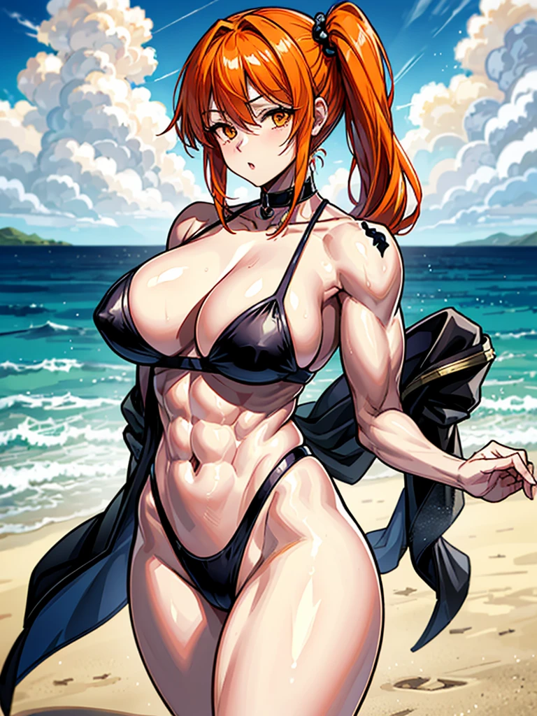 (((masterpiece、Highest image quality、highest quality、highly detailed unity 8kwallpaper)))、((Illustration of one girl))、(((beautiful girl)))、((orange hair、side ponytail、sidelocks:1.4、orange eyes))、(((stocky build:1.5, thickset physique:1.6, muscular legs, broad shoulders:1.6, solid chest:1.5)))、swimsuit、sandy beach