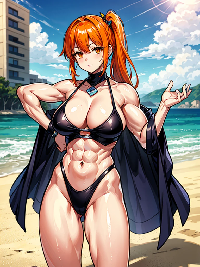 (((masterpiece、Highest image quality、highest quality、highly detailed unity 8kwallpaper)))、((Illustration of one girl))、(((beautiful girl)))、((orange hair、side ponytail、sidelocks:1.4、orange eyes))、(((stocky build:1.5, thickset physique:1.6, muscular legs, broad shoulders:1.6, solid chest:1.5)))、swimsuit、sandy beach