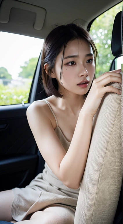 masutepiece,,award - winning photo, big breast, transparent cloth, Extremely detailed, edgOrgasm,Face Focus, Woman with mouth open and eyes closed , sweat and tears, , erotic, Woman with Edge _Face、35 year old、A dark-haired、 News Anchor、Glossy skin、inside of a car、half body ,from below、