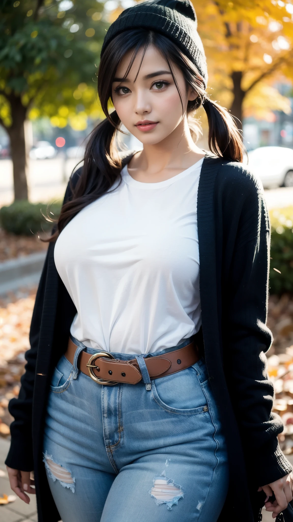 Beautiful Bollywood supermodel woman with a , black hair, bangs, twintail, widest waist, fitting breasts, curvy accentuated booty, sparkling olive-green eyes, long eyelashes, thick thighs, Strong calves, smirk, taniaayusiregar, She wears a black wool cardigan, yellow shirt, white jeans, brown belt, black beanie, she waits in a park, photorealistic, Masterpiece, bokeh, Volumetric lighting, Fall season atmosphere, uhd, masterpiece, highest quality