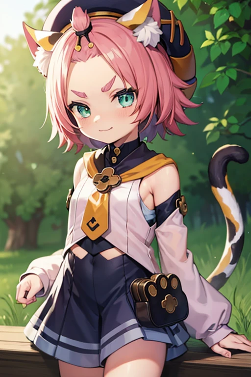 catgirl, ??????????, 10 years old, furrowed eyebrows, smirk, loli, outside, tail, detached sleeves, hat,
