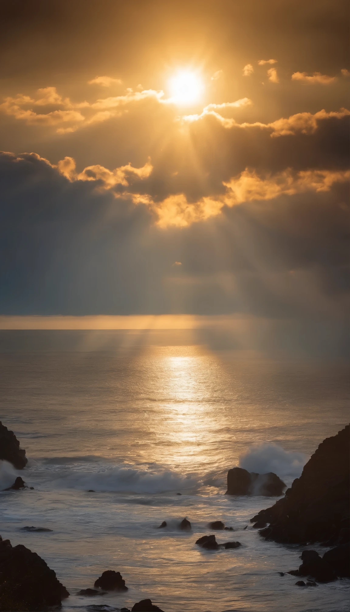 The sun shines through the clouds and the sea，Rocks and waves, God Sun Rays, Divine rays shining from above, Sunlight breaks through the clouds, sacred light線, sacred light, sacred light線, The sun's rays between the clouds, 非常に詳細なLuz Divina線, light coming from above, sacred light線, Luz Divina, Luz Divina, God - Ray、cosmos
