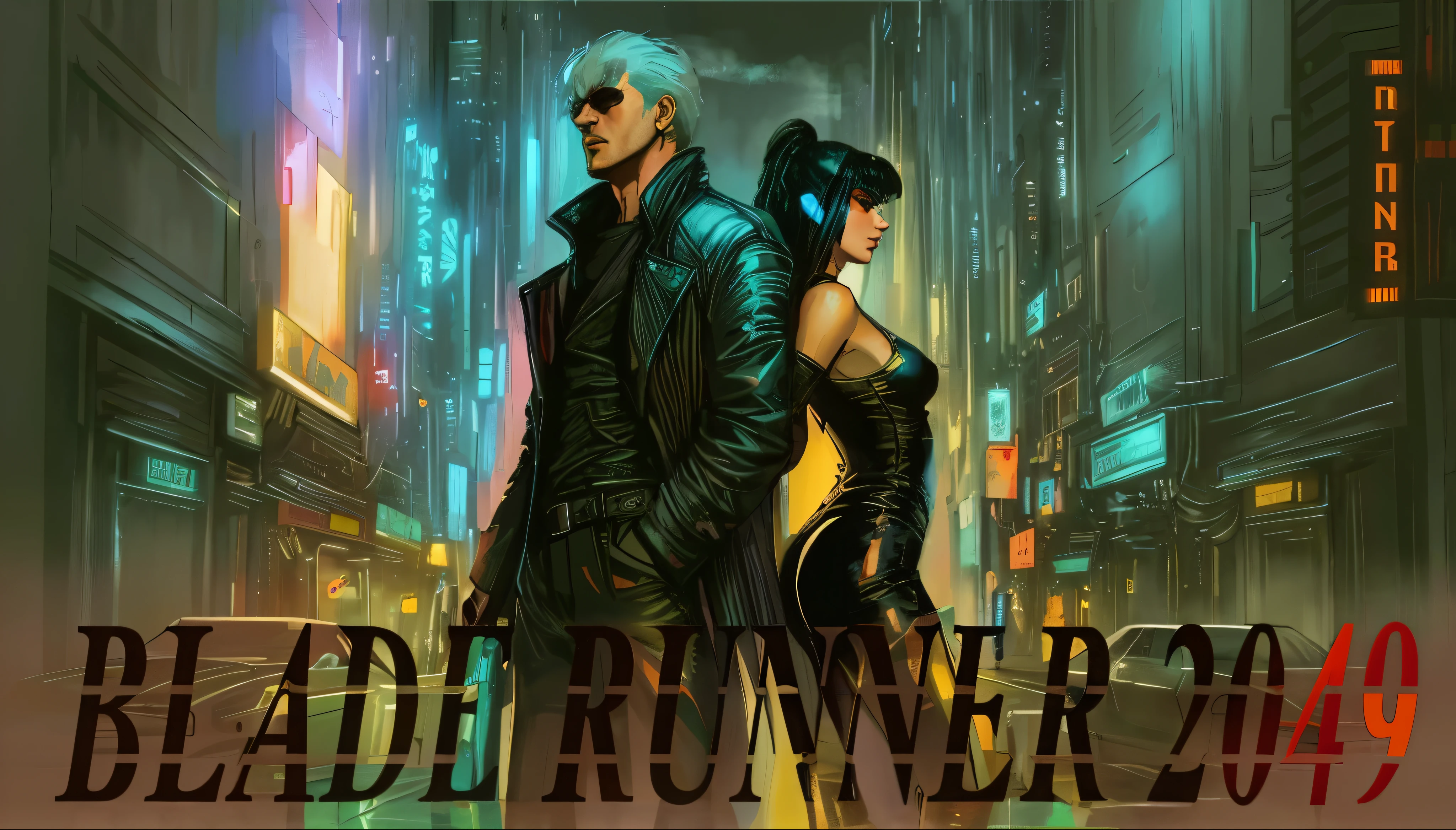 There are posters of men and women in the city, in theme of blade runner movie, blade runner, blade runner, Szkalski & blade runner, blade runner style, blade runner film style, blade runner movie, 4 k resolution blade runner, blade runner film, blade runner street, style of blade runner