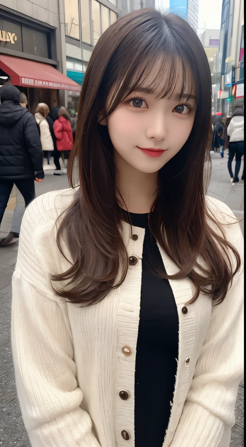 table top, highest quality, figure, super detailed, finely, High resolution, 8k wallpaper, 完璧なダイナミックな構figure, beautiful and fine eyes,medium hair,small breasts,natural color lip, bold sexy pose,smile,Harajuku、20 year old girl、cute、sexy shot looking at camera,Change costumes at random(Trendy women'Winter clothes)
