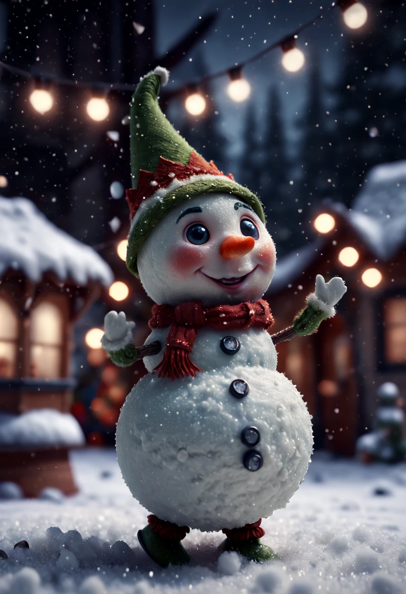 a Beautiful Elf, Pointy ears and charming eyes, Miniature, Mini snowman dancing, lights, snow, 3D rendering, Super fine, Ultra HD, virtual engine, Romance, film grain, RAW photo, Cinematic lighting, octane render, (best quality, masterpiece, Representative work, official art, Professional, 8k:1.3)