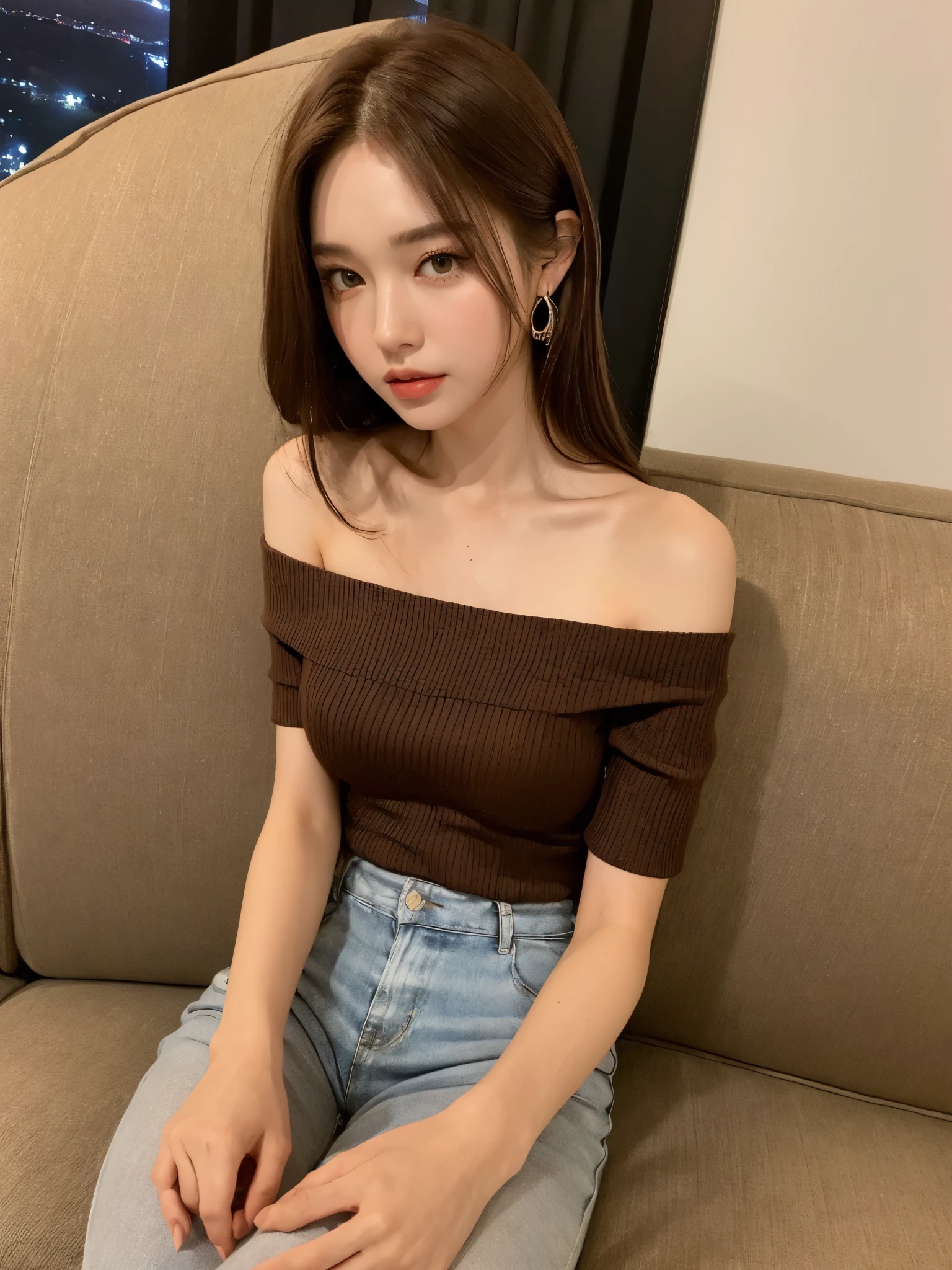 ((Night view, realistic light, best quality, 8k, masterpiece: 1.3)), 1girl, pretty woman with slim figure: 1.4, (brown hair, medium breasts: 1.3), off-the-shoulder cut top: 1.3, sofa, super detailed face, detailed eyes, double eyelids