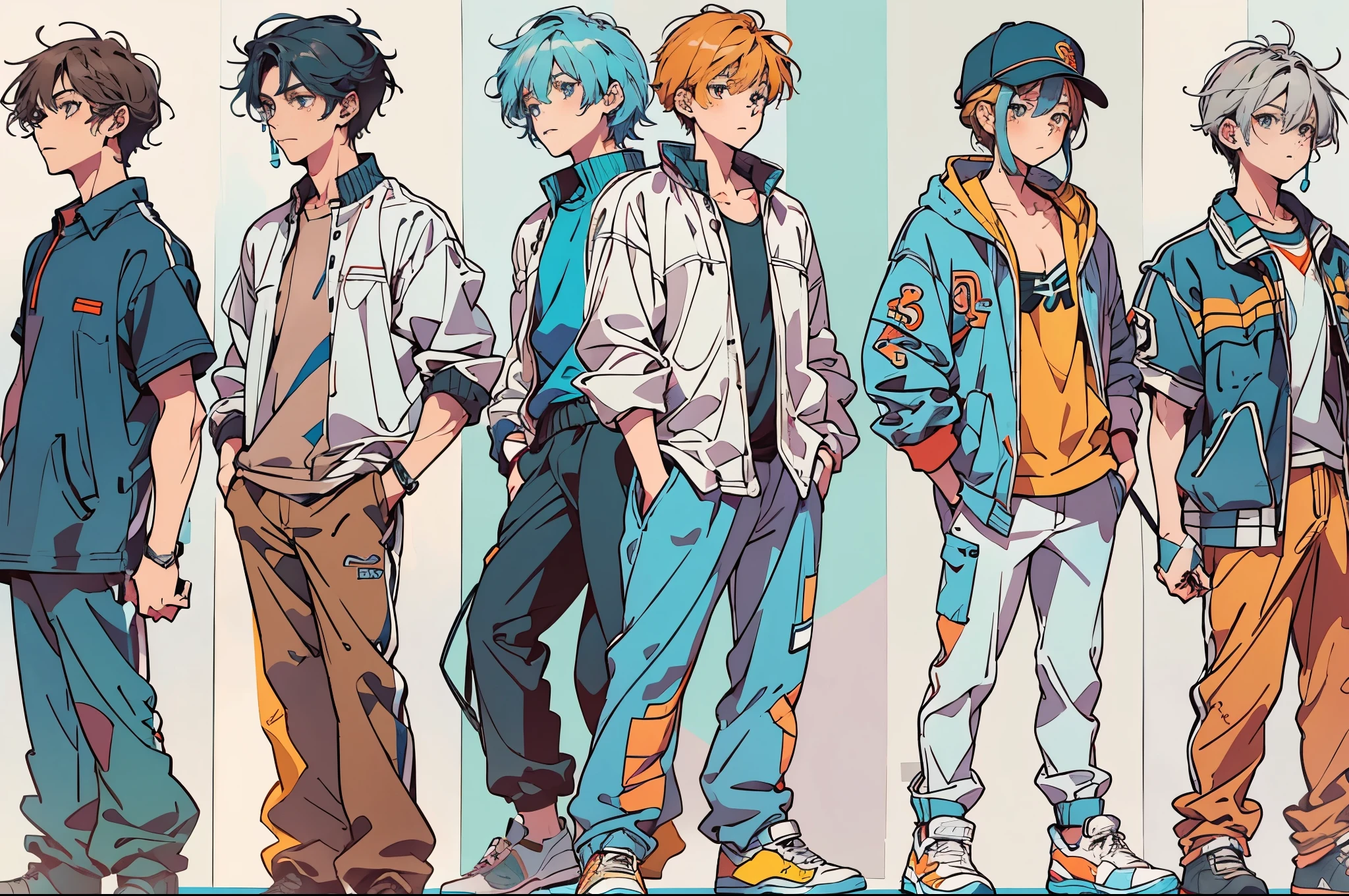 men, anime characters in different outfits standing next to each other, 2 d anime style, 2022 anime style, 2 0 2 2 anime style, style anime, anime styled, anime style only, 8 0 s anime style, colorful! character design, anime style 4 k, high quality anime artstyle, anime artstyle, anime stile, anime visual style