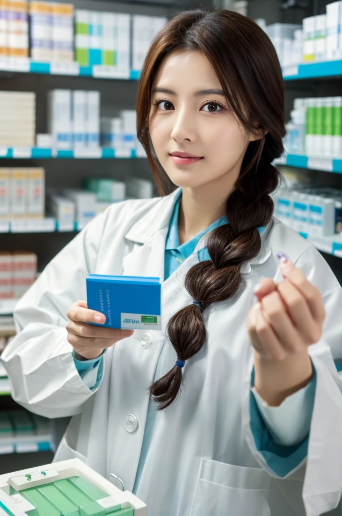 白衣 病院 調剤室 医薬品 薬剤 pharmacist 漢方 ((highest quality、masterpiece:1.3))、sharp:1.2、((layered hairstyles))、(PhD. Whiteware:1.1)、Highly detailed face and skin texture、detailed eye、double eyelid、Looking at the camera、dispensary background、pharmacist、Female pharmacist in hospital、Wear a pharmacist's lab coat